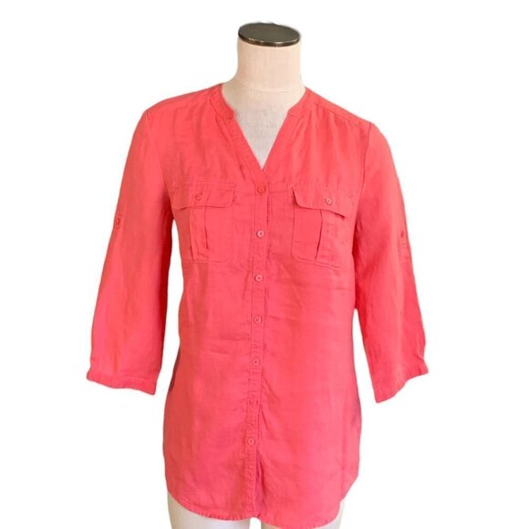 Nicole Miller Original Sz M Linen Button Front Blouse Roll Tab Coral Pink 200C - Picture 3 of 8